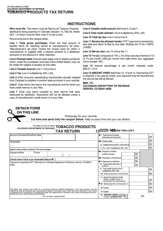 Fillable Form Dr 0229 - Tobacco Products Tax Return Printable pdf