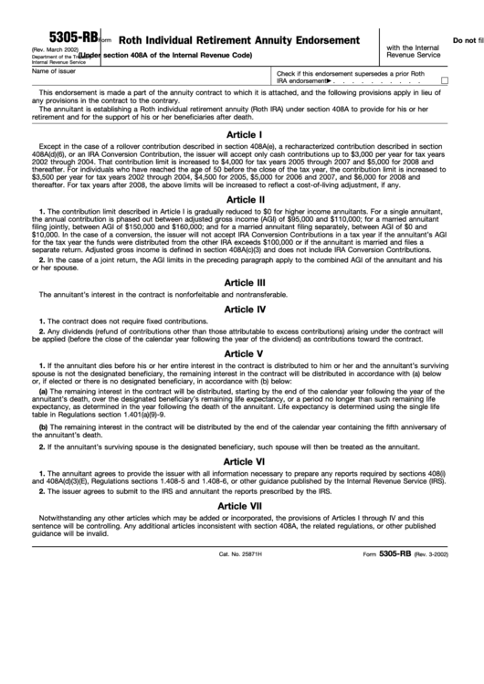 Fillable Form 5305-Rb - Roth Individual Retirement Annuity Endorsement Printable pdf
