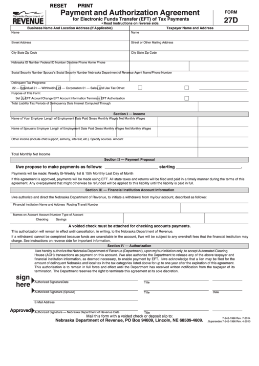Fillable Form 27d - Nebraska Payment And Authorization Agreement Printable pdf