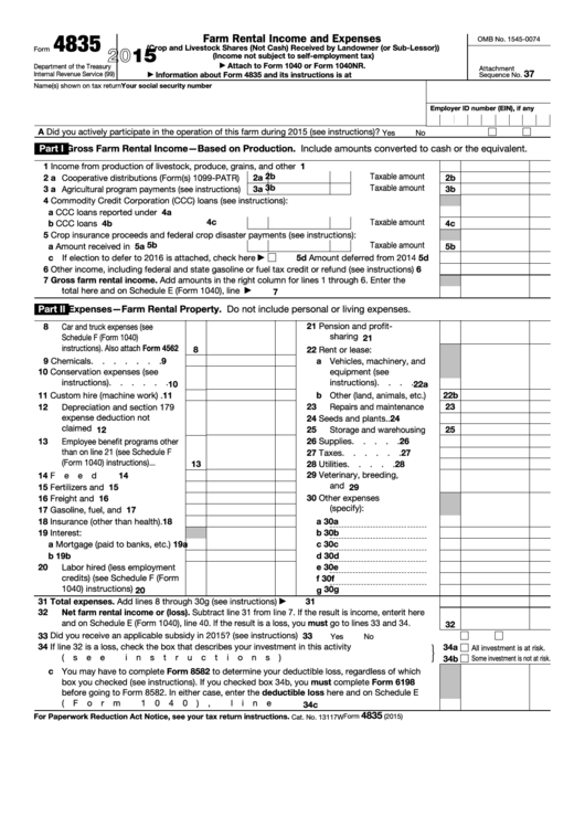 Fillable Form 4835 - Farm Rental Income And Expenses - 2015 Printable pdf