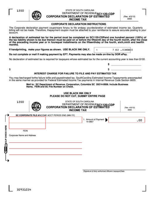 Form Sc1120-Cdp - South Carolina Corporation Declaration Of Estimated Income Tax Printable pdf