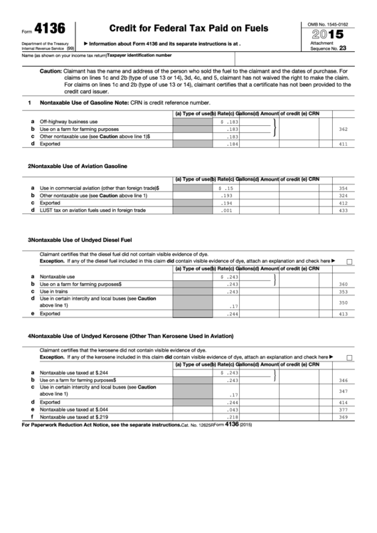 Fillable Form 4136 - Credit For Federal Tax Paid On Fuels - 2015 Printable pdf