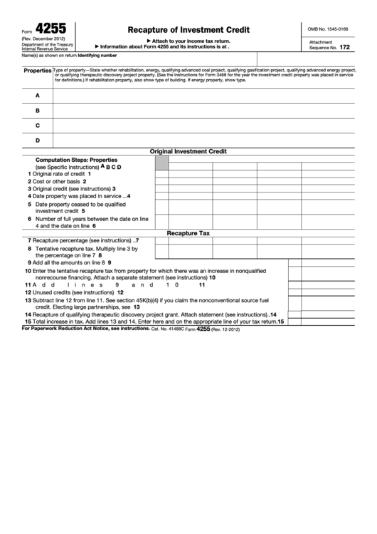 Fillable Form 4255 - Recapture Of Investment Credit Printable pdf