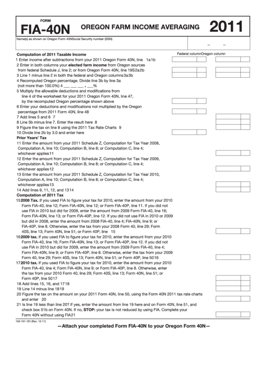 Fillable Form Fia-40n - Oregon Farm Income Averaging - 2011 Printable pdf