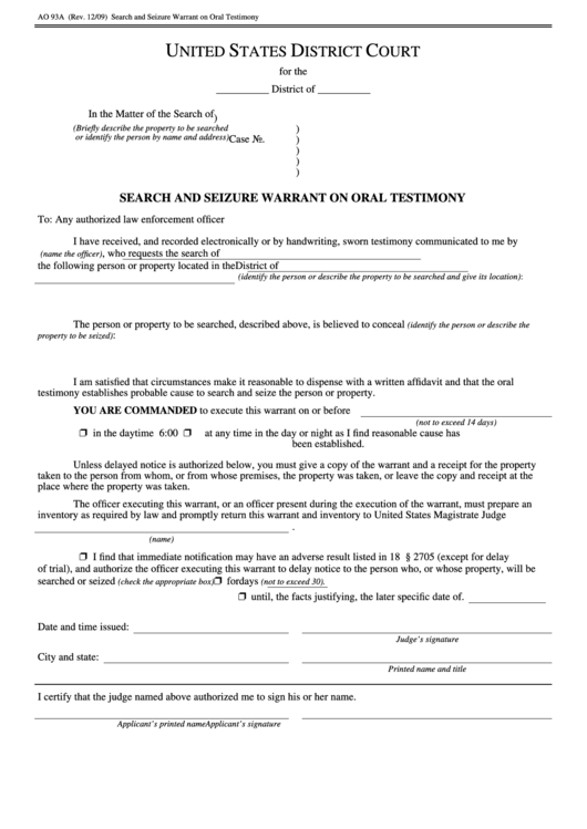 Fillable Form Ao 93a - Search And Seizure Warrant On Oral Testimony - United States District Court Printable pdf