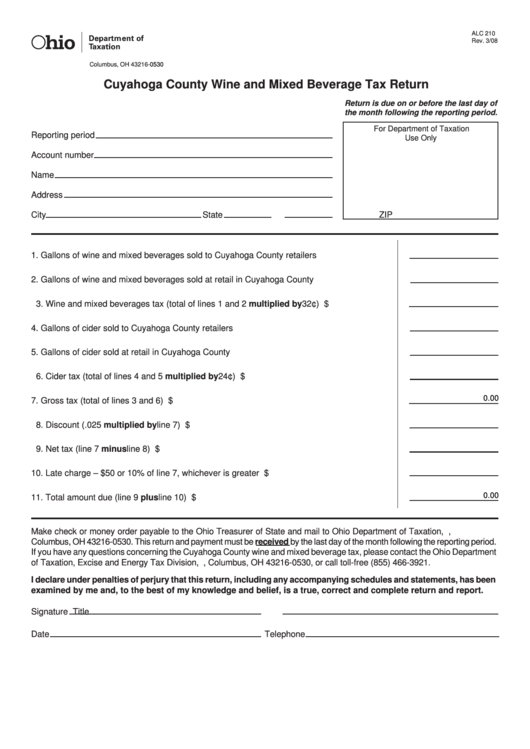 Fillable Form Alc 210 - Cuyahoga County Wine And Mixed Beverage Tax Return Printable pdf