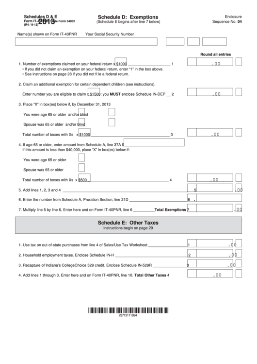 Fillable Schedules D & E Form It-40pnr - 2013 Printable pdf