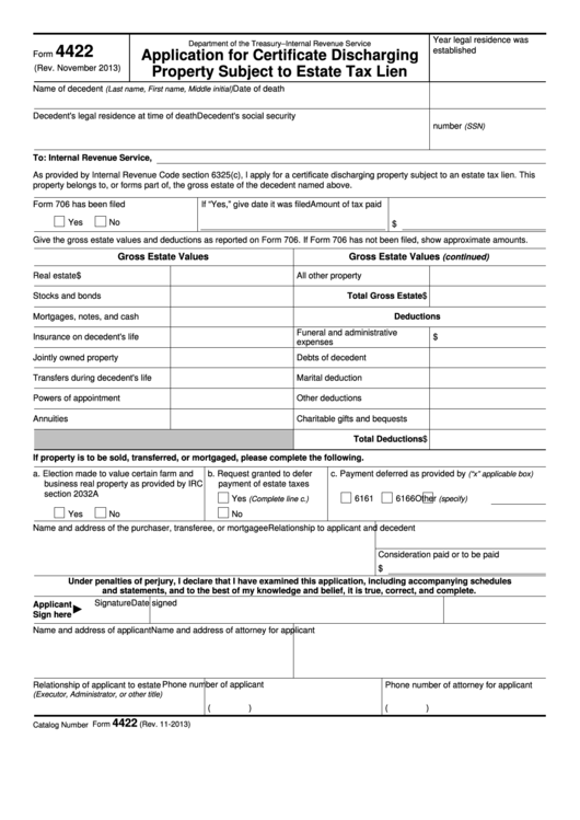 Fillable Form 4422 - Application For Certificate Discharging Property Subject To Estate Tax Lien Printable pdf