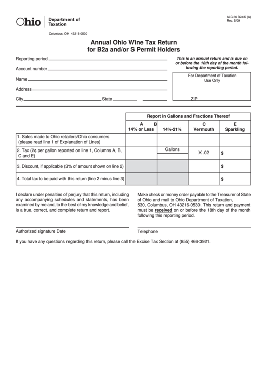 Form Alc 36 B2a/s (A) - Annual Ohio Wine Tax Return For B2a And/or S Permit Holders Printable pdf