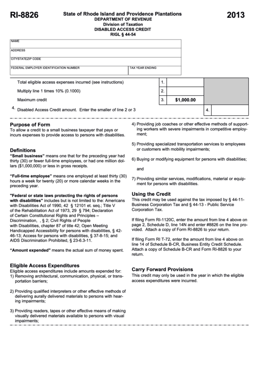 Fillable Form Ri-8826 - Rhode Island - Disabled Access Credit - 2013 Printable pdf