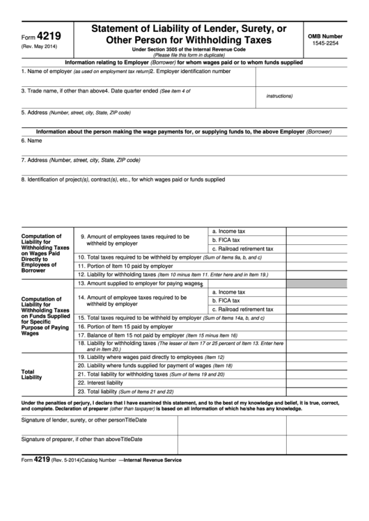 Fillable Form 4219 - Statement Of Liability Of Lender, Surety, Or Other Person For Withholding Taxes Printable pdf