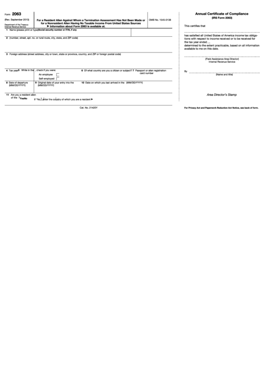 Fillable Form 2063 - U.s. Departing Alien Income Tax Statement Printable pdf