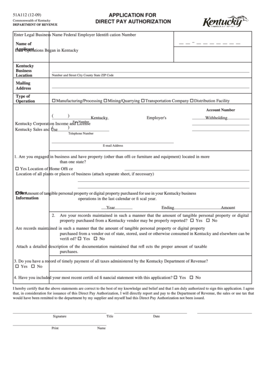 Form 51a112 - Application For Direct Pay Authorization Printable pdf