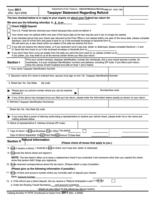 Fillable Form 3911 - Taxpayer Statement Regarding Refund Printable pdf