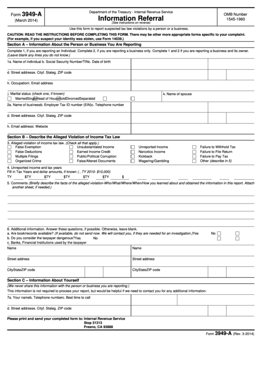 Fillable Form 3949-A - Information Referral Printable pdf