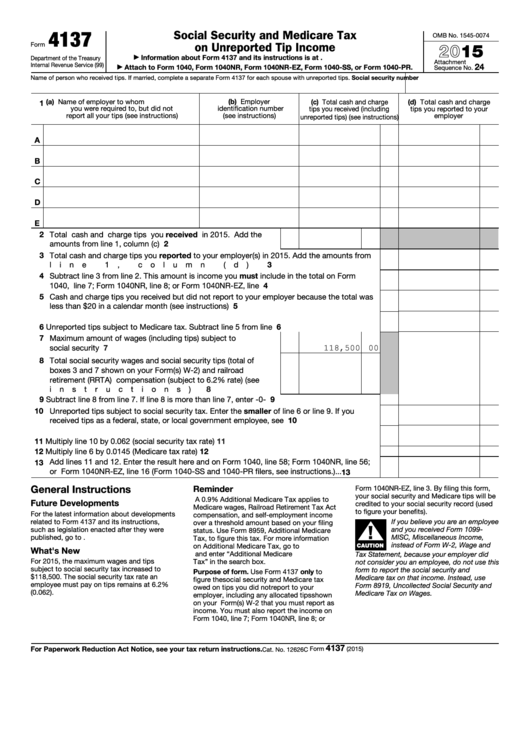 Form 4137 - Social Security And Medicare Tax On Unreported Tip Income - 2015
