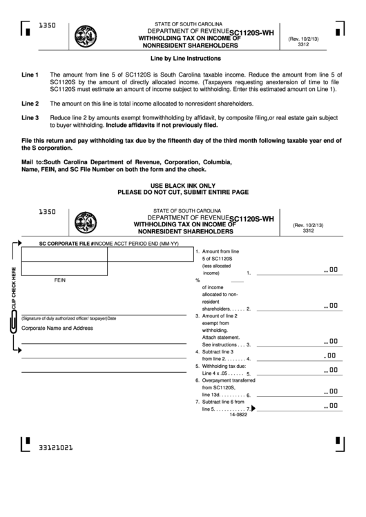 Form Sc1120s-Wh - South Carolina Withholding Tax On Income Of Nonresident Shareholders Printable pdf