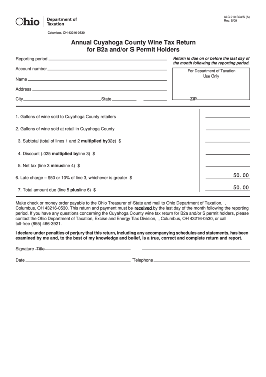 Fillable Form Alc 210 B2a/s (A) - Annual Cuyahoga County Wine Tax Return For B2a And/or S Permit Holders Printable pdf