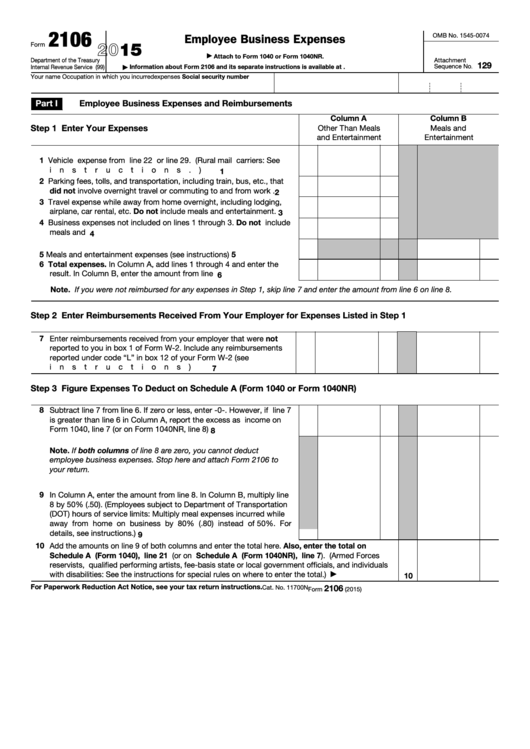 Form 2106 - Employee Business Expenses - 2015