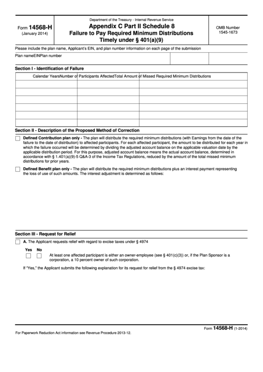 Fillable Form 14568-H - Appendix C Part Ii Schedule 8 - Failure To Pay Required Minimum Distributions Timely Under 401(A)(9) Printable pdf