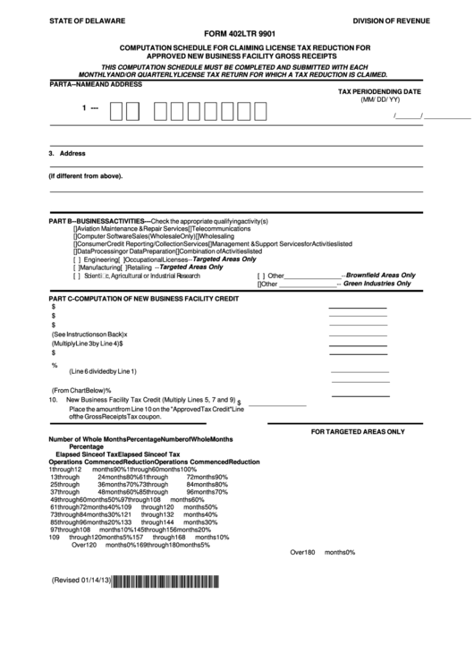 Fillable Form 402ltr 9901 - Computation Schedule For Claiming License Tax Reduction For Approved New Business Facility Gross Receipts Printable pdf