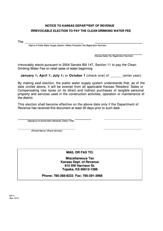 Fillable Form Wp-4 - Irrevocable Election To Pay The Clean Drinking Water Fee Printable pdf