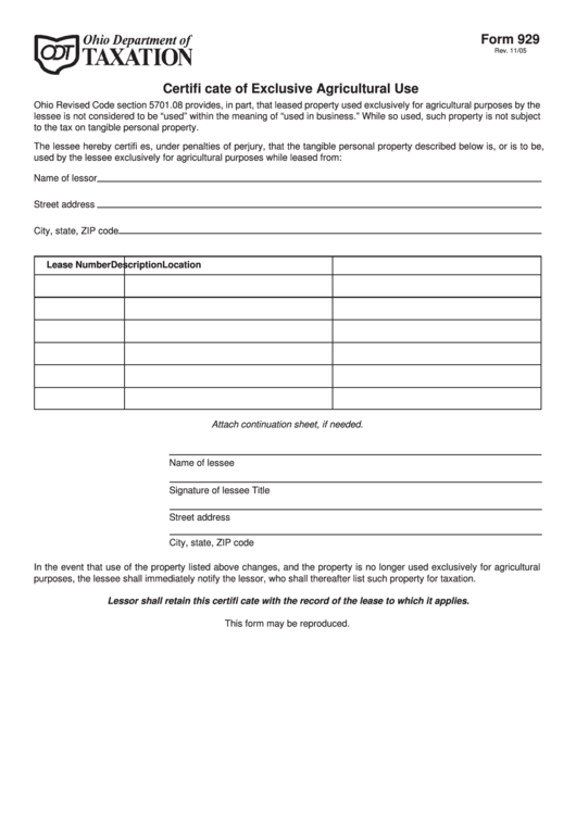Fillable Form 929 - Certificate Of Exclusive Agricultural Use Printable pdf
