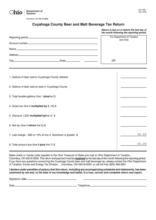 Fillable Form Alc 200 - Cuyahoga County Beer And Malt Beverage Tax Return Printable pdf