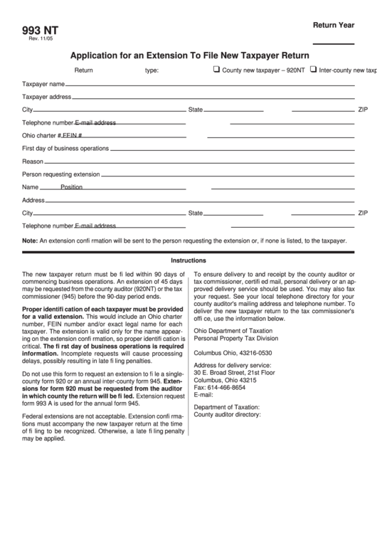 Fillable Form 993 Nt - Application For An Extension To File New Taxpayer Return Printable pdf