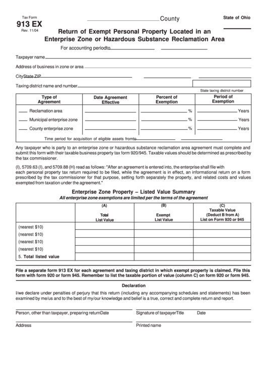 Fillable Tax Form 913 Ex - Return Of Exempt Personal Property Located In An Enterprise Zone Or Hazardous Substance Reclamation Area Printable pdf