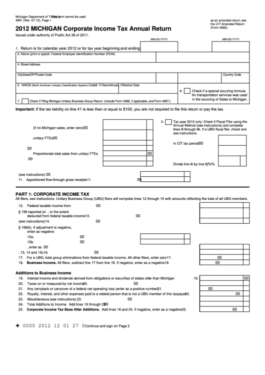 Form 4891 - Michigan Corporate Income Tax Annual Return - 2012 Printable pdf