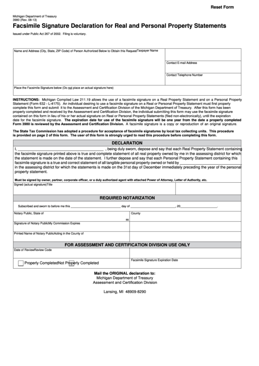 Fillable Form 3980 - Facsimile Signature Declaration For Real And Personal Property Statements Printable pdf