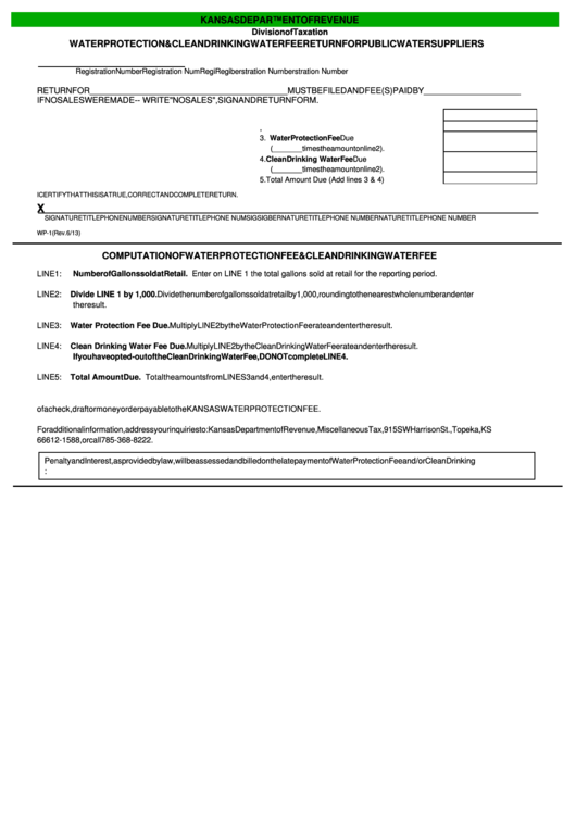 Fillable Form Wp-1 - Water Protection And Clean Drinking Water Fee Return For Public Water Suppliers Printable pdf