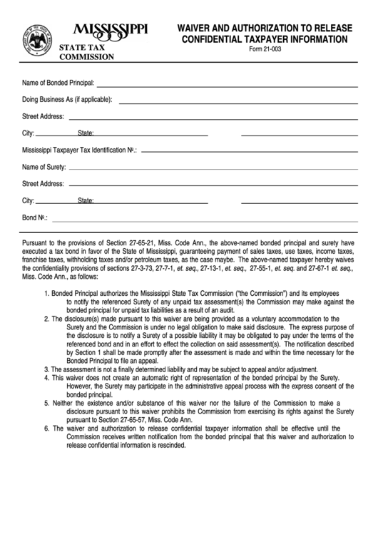 Form 21-003 - Waiver And Authorization To Release Confidential Taxpayer Information Printable pdf