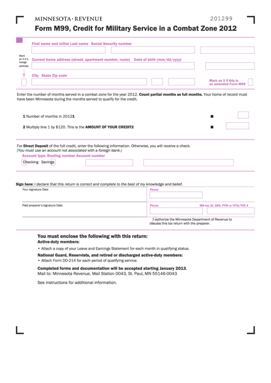 Fillable Form M99 - Credit For Military Service In A Combat Zone - 2012 Printable pdf