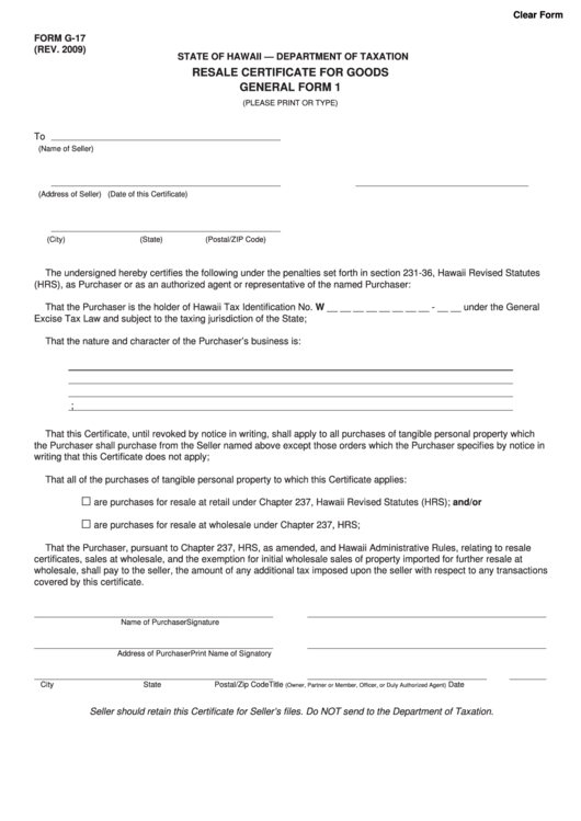 Fillable Form G-17 - Resale Certificate For Goods General Form 1 Printable pdf