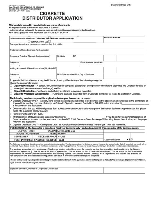Form Dr 0218 - Cigarette Distributor Application Printable pdf