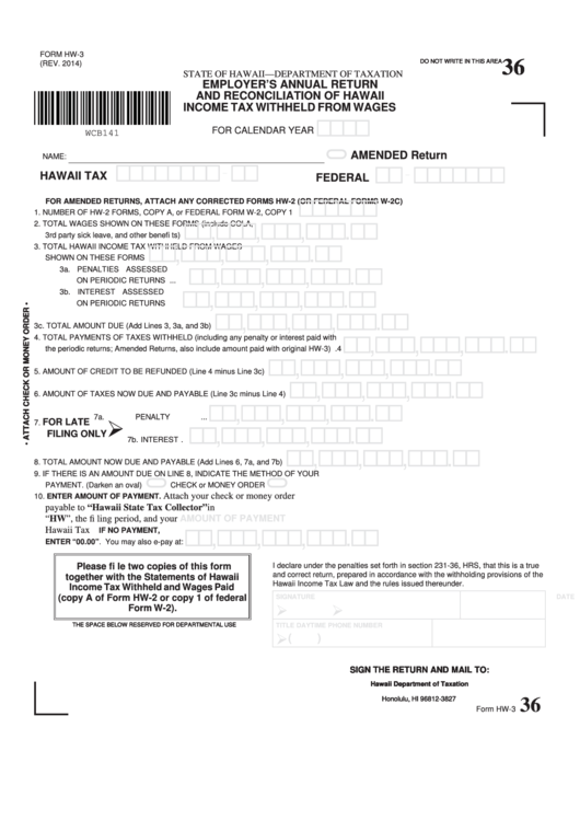 Form Hw-3 - Employer's Annual Return And Reconciliation Of Hawaii Income Tax Withheld From Wages