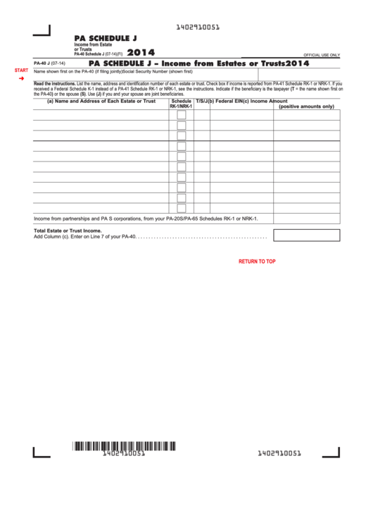 Fillable Form Pa-40 Schedule J - Income From Estates Or Trusts - 2014 Printable pdf