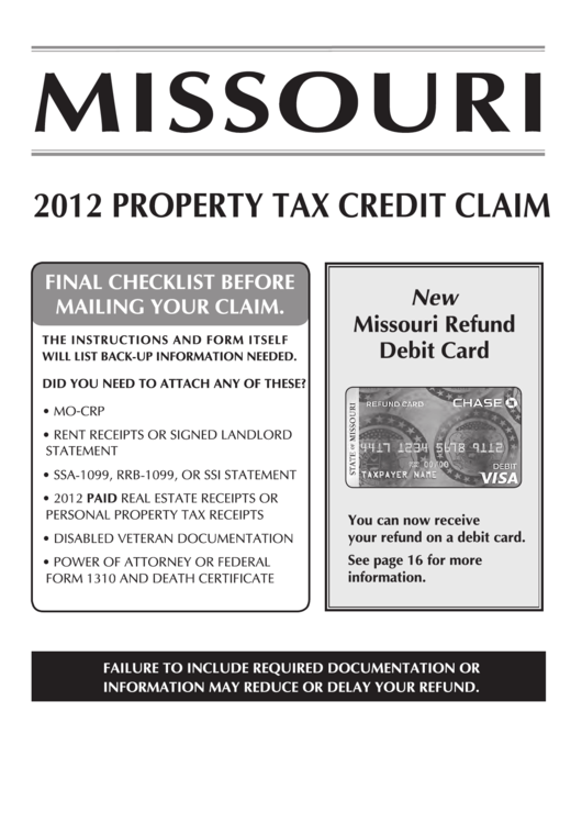 Property Tax Credit Claim - 2012 Printable pdf