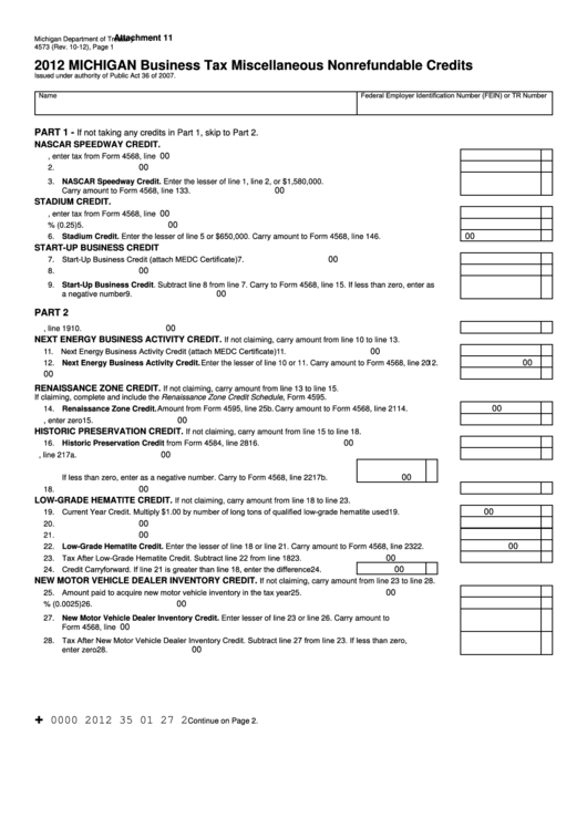 Fillable Form 4573 - Michigan Business Tax Miscellaneous Nonrefundable Credits - 2012 Printable pdf