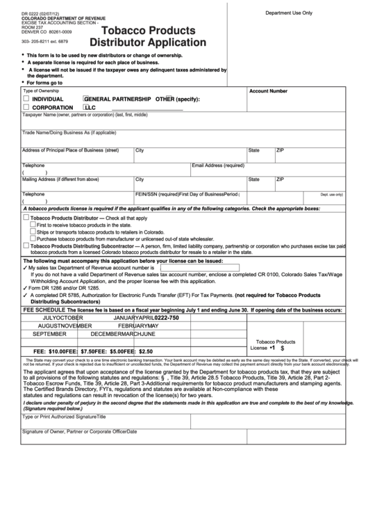 Form Dr 0222 - Tobacco Products Distributor Application Printable pdf