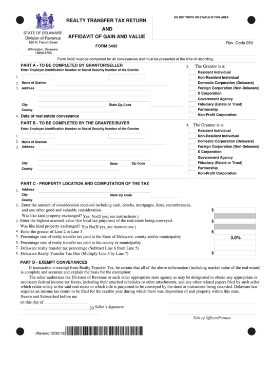 Form 5402 - Realty Transfer Tax Return And Affidavit Of Gain And Value Printable pdf