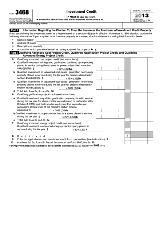 Fillable Form 3468 - Investment Credit - 2013 Printable pdf