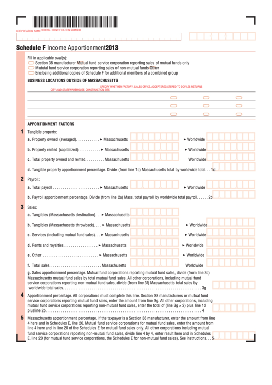 Fillable Schedule F - Income Apportionment - 2013 Printable pdf