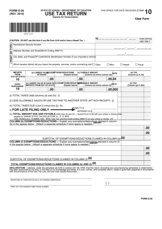 Fillable Form G-26 - Use Tax Return Printable pdf