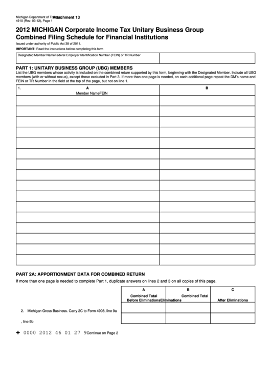 Form 4910 - Michigan Corporate Income Tax Unitary Business Group Combined Filing Schedule For Financial Institutions - 2012 Printable pdf