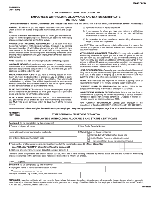 Form Hw-4 - Employee's Withholding Allowance And Status Certificate
