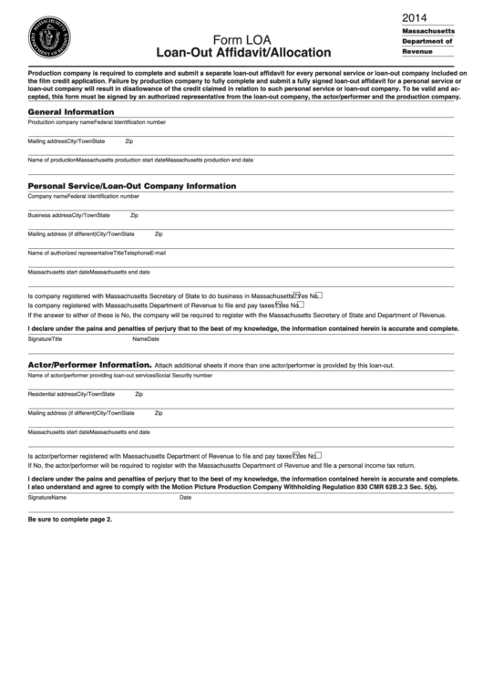 Form Loa - Loan-Out Affidavit/allocation - 2014 Printable pdf
