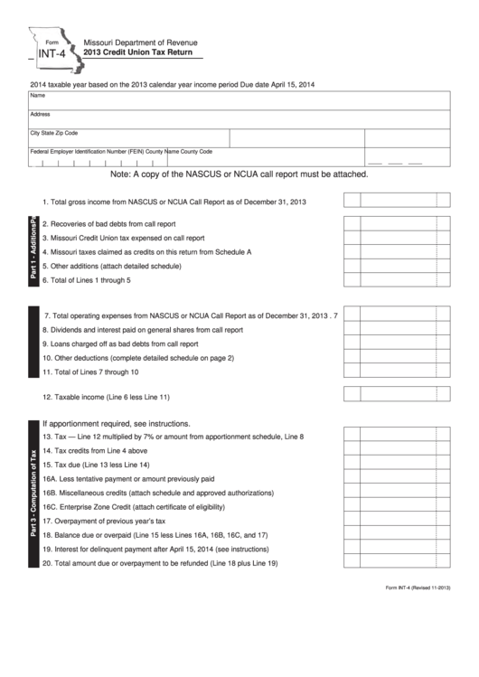 Fillable Form Int-4 - Credit Union Tax Return - 2014 Printable pdf
